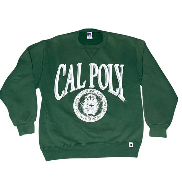 90s Vintage Cal Poly SLO Russell Crewneck Sweater Green - Picture 1 of 5